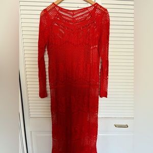 Free people long sleeve, red lace midi dress with waist tie.